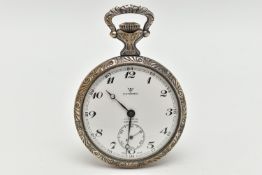 A WHITE METAL 'CATOREX' OPEN FACE POCKET WATCH, manual wind, round white dial signed 'Catorex',