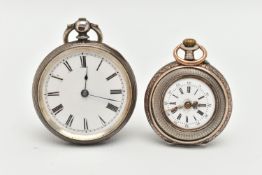 TWO LADIES OPEN FACE POCKET WATCHES, the first a key wound silver pocket watch, round white dial