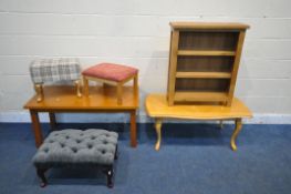 A SELECTION OF OCCASIONAL FURNITURE, to include a small oak open bookcase, width 70cm x depth 23cm x