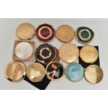 THIRTEEN STRATTON POWDER COMPACTS WITH GEOMETRIC DESIGNS TO THE COVERS, various shapes and sizes,