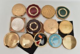THIRTEEN STRATTON POWDER COMPACTS WITH GEOMETRIC DESIGNS TO THE COVERS, various shapes and sizes,