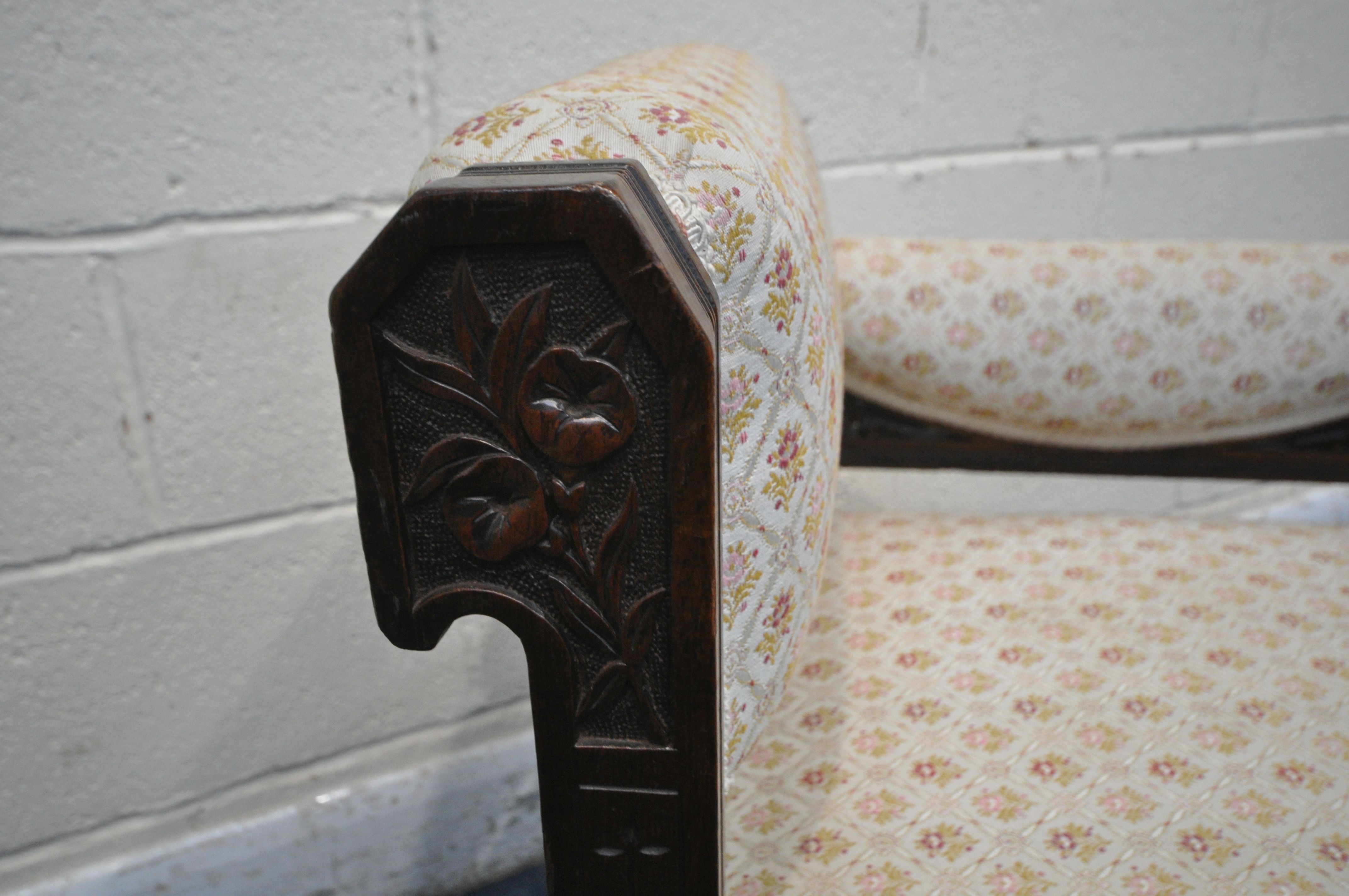 IN THE MANNER OF CHRISTOPHER DRESSER, AN EDWARDIAN WALNUT CORNER CHAIR, with beige and floral - Image 3 of 6