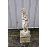 A WEATHERED COMPOSITE GARDEN FIGURE OF A SCANTILY CLAD WOMAN on a square base measuring width 30cm x