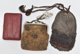 TWO EVENING BAGS AND A CARD CASE, the first a fabric bag with cut steel embellishments, the second a