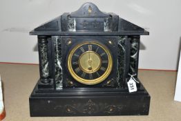 A BLACK SLATE VICTORIAN MANTEL CLOCK, a late Victorian large black slate cased mantel clock of