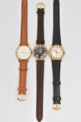 THREE GENTLEMAN'S WRISTWATCHES, all with circular faces, baton markers and leather straps, to