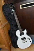 A CASED EPIPHONE SPECIAL MODEL 2 LES PAUL STYLE ELECTRIC GUITAR, with white finish and bolt on neck,