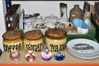 ONE BOX OF CERAMICS AND GLASS PAPERWEIGHTS, to include three T. G. Green Church Gresley '