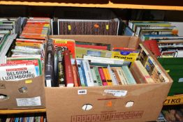 FOUR BOXES OF BOOKS & MAPS containing a large collection miscellaneous book titles in hardback and