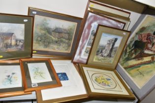 A SMALL QUANTITY OF DECORATIVE PAINTINGS AND PRINTS ETC, comprising a John Straw watercolour