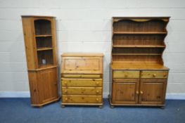THREE PIECES OF PINE FURNITURE, to include a dresser, the top three tier plate rack, on a base