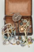 A SMALL ASSORTMENT OF JEWELLERY, a double compartment leather box, encasing a small selection of