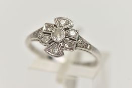 A MID 20TH CENTURY ART DECO DIAMOND RING, old cut and single cut diamonds bezel and grain set in