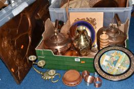 TWO BOXES OF METALWARE AND TREEN, to include two copper kettles, seven copper napkin rings, burr