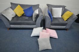A SOFOLOGY GREY UPHOLSTERED TWO PIECE SUITE, comprising a two seater sofa, length 158cm x depth