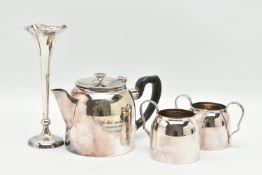 AN EARLY 20TH CENTURY SILVER POSY VASE AND A SILVER PLATE TEA SET, tapered polished stem with wavy