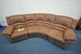 A DFS LIGHT BROWN SUEDE FOUR SEATER CURVED CORNER SOFA, with manual reclining section to each end,