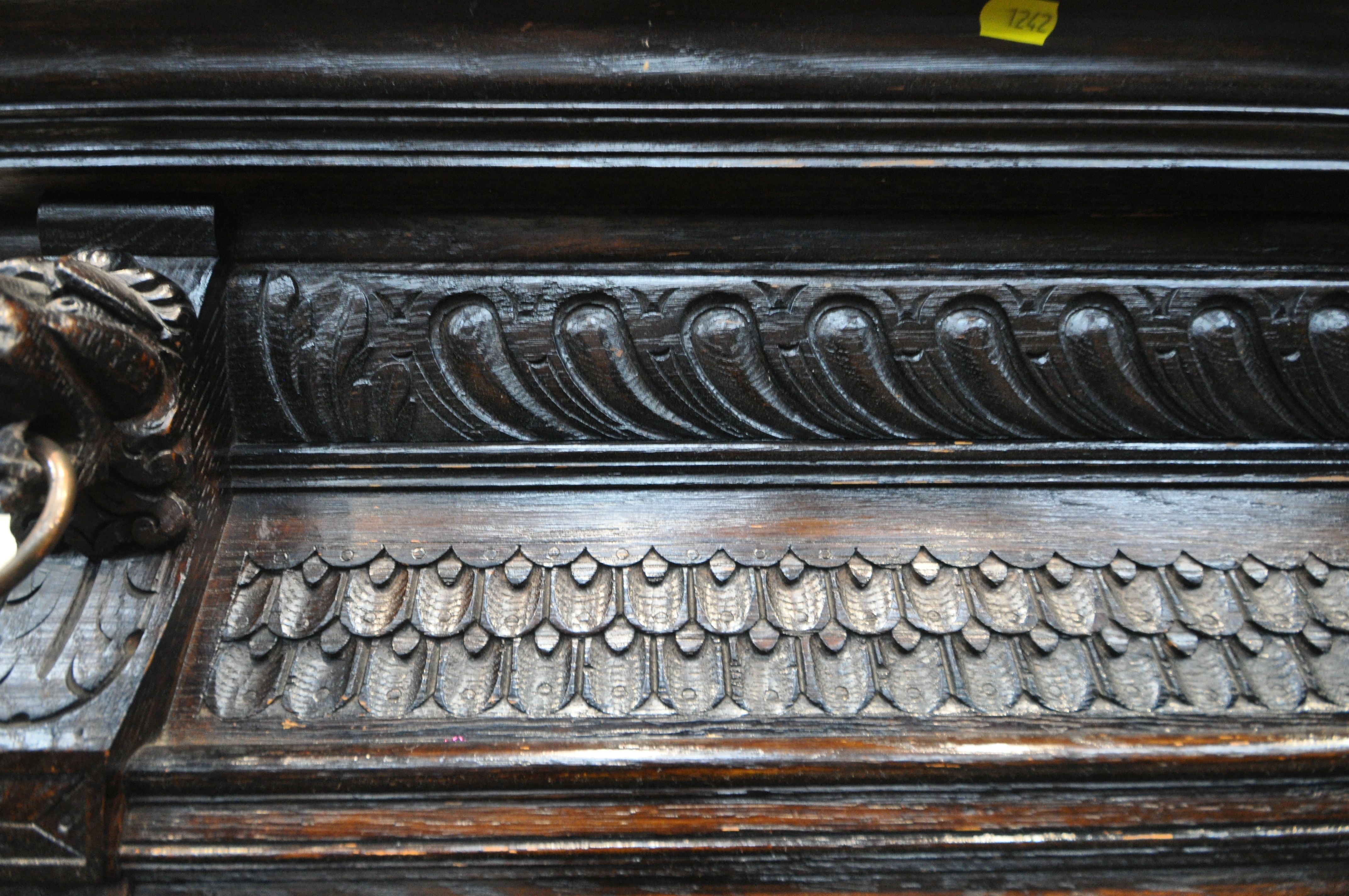 AN EARLY 20TH CENTURY OAK CONTINENTAL MIRROR BACK SIDEBOARD, fitted with an arrangement of lion - Image 3 of 15