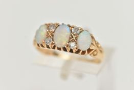 AN EARLY 20TH CENTURY, 18CT GOLD OPAL AND DIAMOND RING, designed with three oval opal cabochons,