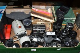 TWO BOXES OF CAMERAS, ACCESSORIES AND PHOTOGRAPHY BOOKS, to include a Minolta XG-M fitted with an