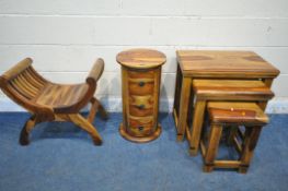 THREE VARIOUS PIECES OF HARDWOOD OCCASIONAL FURNITURE, to include a nest of three tables, largest