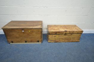 A 19TH CENTURY PINE BLANKET CHEST, with twin handles, width 90cm x depth 47cm x height 47cm, along