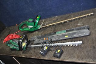 A GARDENLINE CORDLESS HEDGE TRIMMER with one battery and charger and a Gardenline 240v hedge trimmer