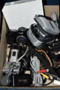 A BOX OF CAMERAS AND ELECTRONICS, to include a Nintendo Wii with power supply, a Sony Cyber-shot