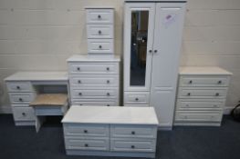 A MODERN WHITE SIX PIECE BEDROOM SUITE, comprising a double door wardrobe, with three drawers, width