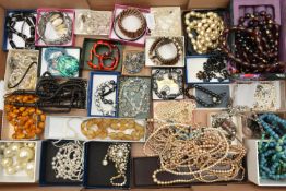 A BOX OF ASSORTED COSTUME JEWELLERY, to include a selection of beaded necklaces, assorted