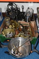 TWO BOXES OF METALWARE, to include a mid- century Danish stainless steel four flame candelabra,