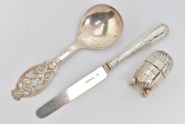 THREE ITEMS, to include a silver pepperette, raised on four ball feet, pierced cover, hallmarked '