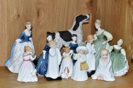 A GROUP OF ROYAL DOULTON FIGURINES AND A DOG FIGURE, comprising Fair Lady HN2193, Fair Maiden