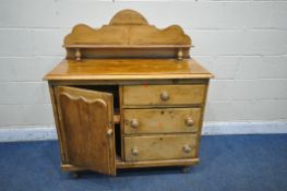 A 19TH CENTURY PINE SIDEBOARD, with raised back and shelf, a single door and three drawers, on