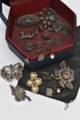 AN ASSORTMENT OF WHITE METAL AND MARCASITE MID CENTURY JEWELLERY, to include six brooches, two