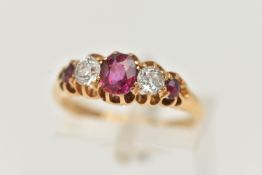 AN EARLY 20TH CENTURY RUBY AND DIAMOND RING, three oval cut rubies, interspaced between two old