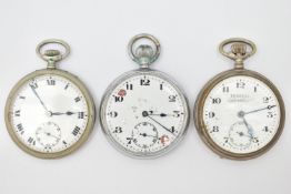 THREE POCKET WATCHES, all base metal and manual wind open face pocket watches, all require