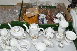 THREE BOXES AND LOOSE CERAMICS, GLASS AND METAL WARES, to include thirty pieces of Aynsley Cottage