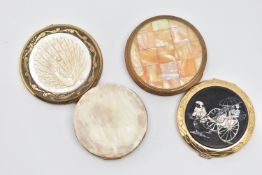 FOUR COMPACTS, to include a circular compact with a carved mother of pearl peacock, a mother of