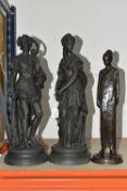 THREE BRONZED FIGURINES, comprising a pair of spelter figurines of a young man and woman (possibly