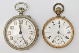 TWO POCKET WATCHES, to include a very worn gold plated, manual wind, open face pocket watch, Roman
