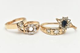 FOUR 9CT GOLD RINGS, to include a sapphire and cubic zirconia cluster ring, hallmarked 9ct
