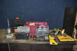TWO TOOLBOXES AND A PLASTIC TRAY CONTAINING TOOLS including saws, hammers, a Stanley No 4 plane,