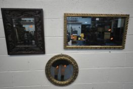 A GILT FRAME BEVELLED EDGE RECTANGULAR WALL MIRROR, 83cm x 45cm, a circular gilt mirror, and a
