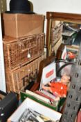 THREE BOXES AND LOOSE WICKER HAMPERS, METALWARES, WALKING STICKS AND SUNDRY ITEMS, to include two