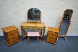 A VARIETY OF PINE BEDROOM FURNITURE, to include a dressing table, with two frieze drawers, on