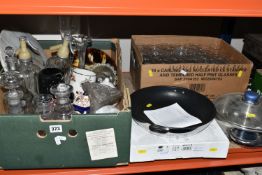 TWO BOXES AND LOOSE GLASS, CERAMICS AND COOK WARES ETC, to include twenty-two Carling half pint