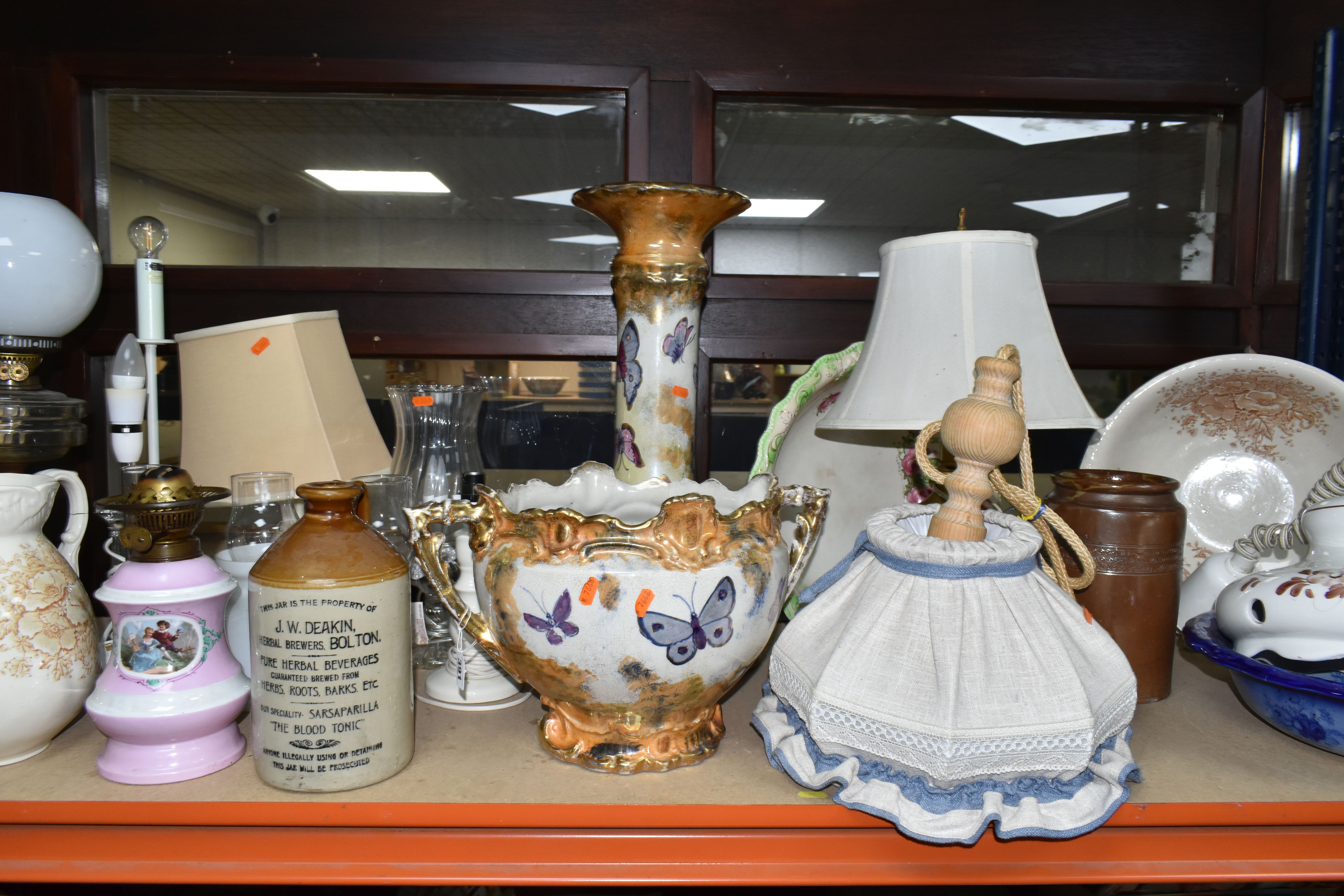 A COLLECTION OF LAMPS AND LARGE CERAMIC ITEMS, to include two Duplex oil lamps, one with metal