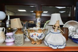 A COLLECTION OF LAMPS AND LARGE CERAMIC ITEMS, to include two Duplex oil lamps, one with metal