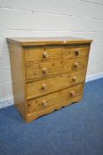 A 19TH CENTURY PINE CHEST OF TWO SHORT OVER THREE LONG DRAWERS, width 106cm x depth 50cm x height
